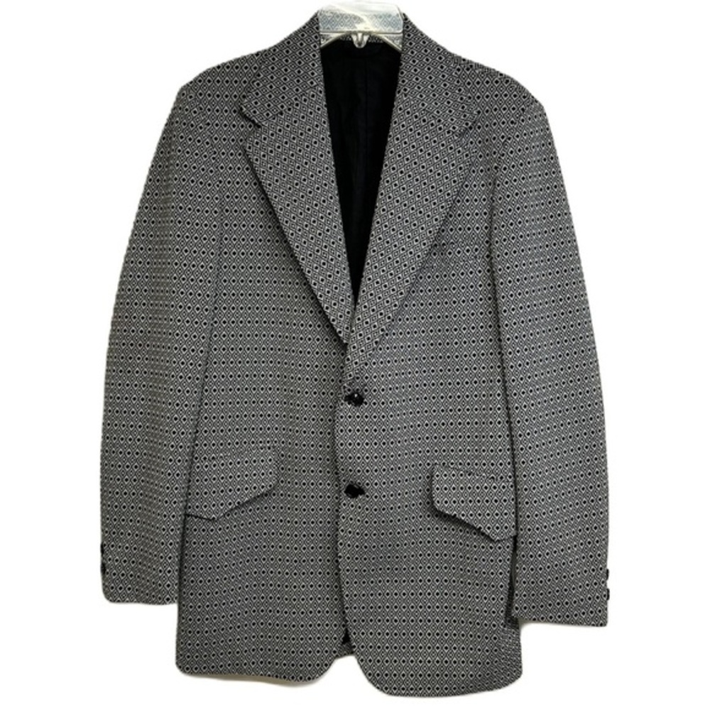 Vintage Mens Blazer Jacket Size‎ 40L Two Button Cotton Diamond Print Black White